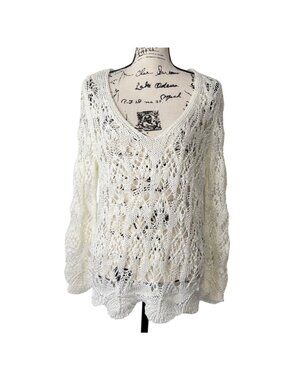 John P Greece Womens Size M Crochet Knit White Sweater Scoop-Neck Pullover Boho